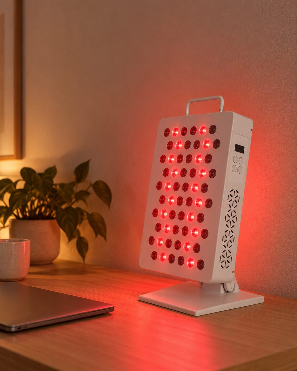 Rubrawell Desk glowing red on a home office desk in the evening