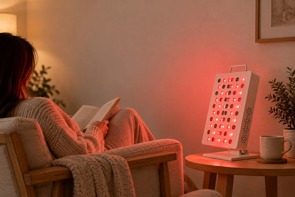 Person reading in an armchair beside the glowing Rubrawell Desk panel