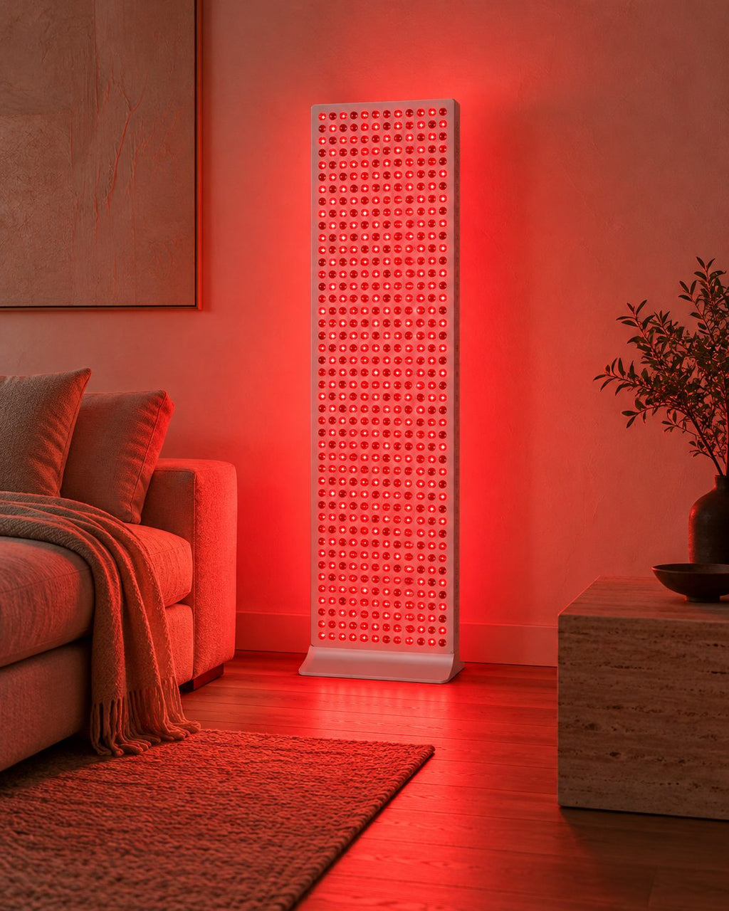 Rubrawell Full glowing red in a dim minimalist living room