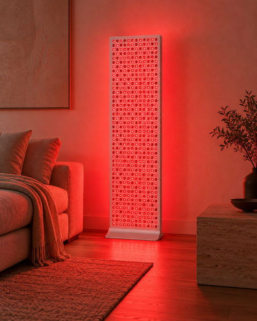 Rubrawell Full glowing red in a dim minimalist living room