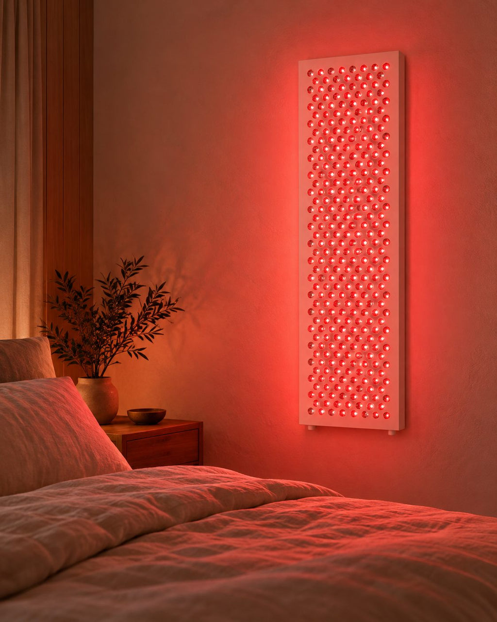 Rubrawell Half glowing red, hung on a bedroom wall at night