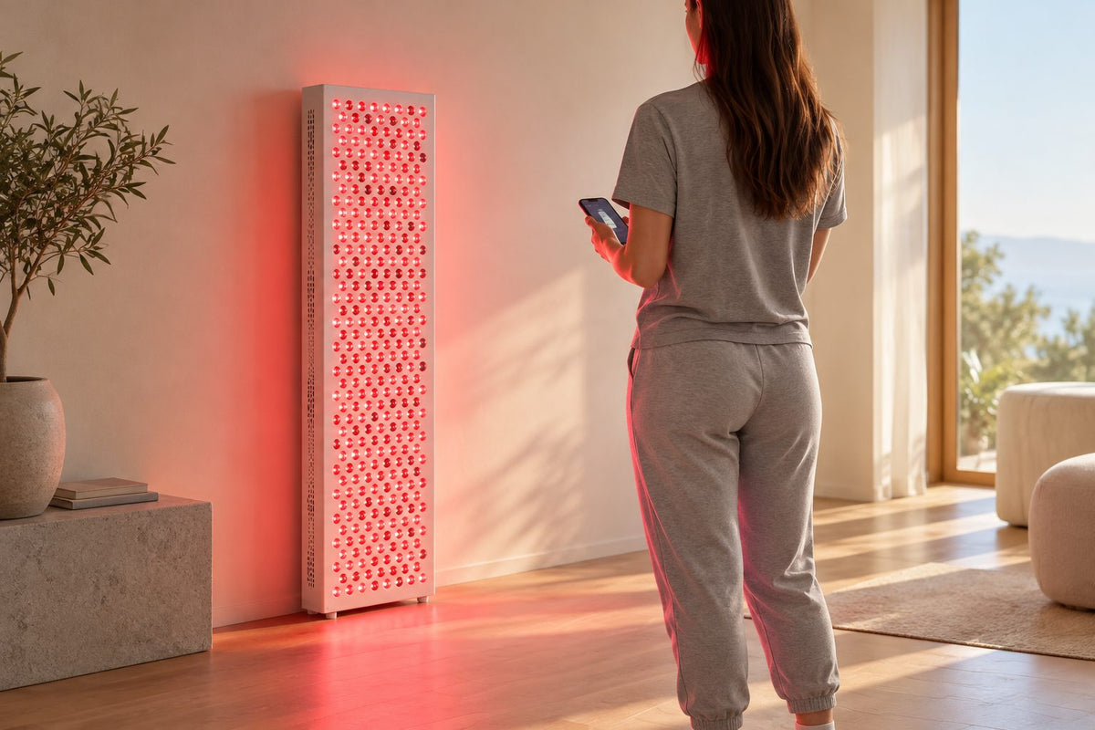 Adult standing in front of the glowing Rubrawell Half during a morning routine