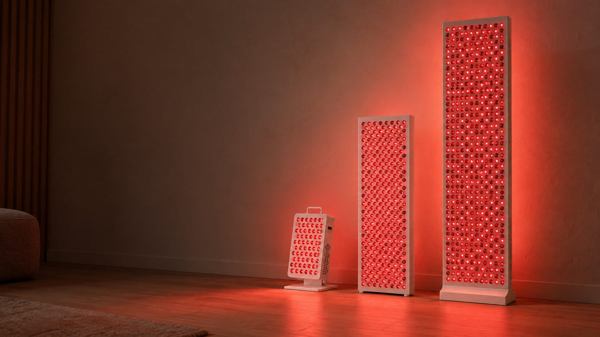 Three white Rubrawell panels glowing red: Desk, Half and Full